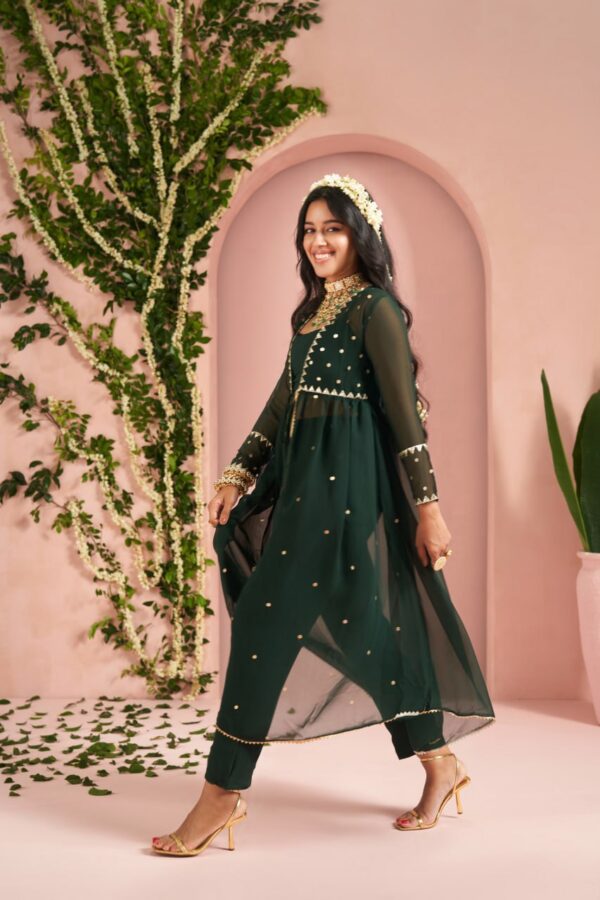 Emerald Green Hand Embroidered Kurta & Palazzo With Dupatta - Image 3