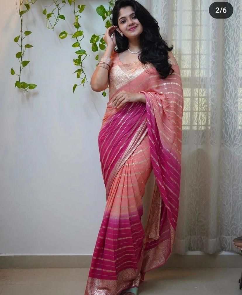 Pure Viscous Georrgte 2D Shade Tie&Die Zari Weaving And Weaves Lines Saree