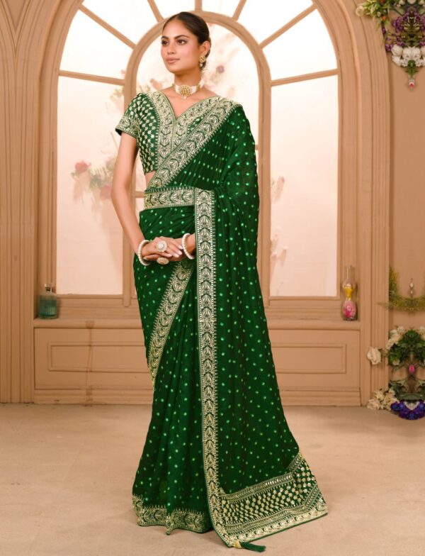 GREEN COLOUR ZARI SEQUENCE WORK DESIGNER SAREE WITH BLOUSE - Image 6