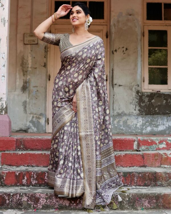 Mauve Taupe Pure Silk Digital Printed Saree - Image 3