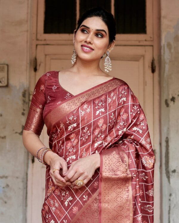 Marron Color Pure Silk Digital Printed Party Wear Saree - Image 4