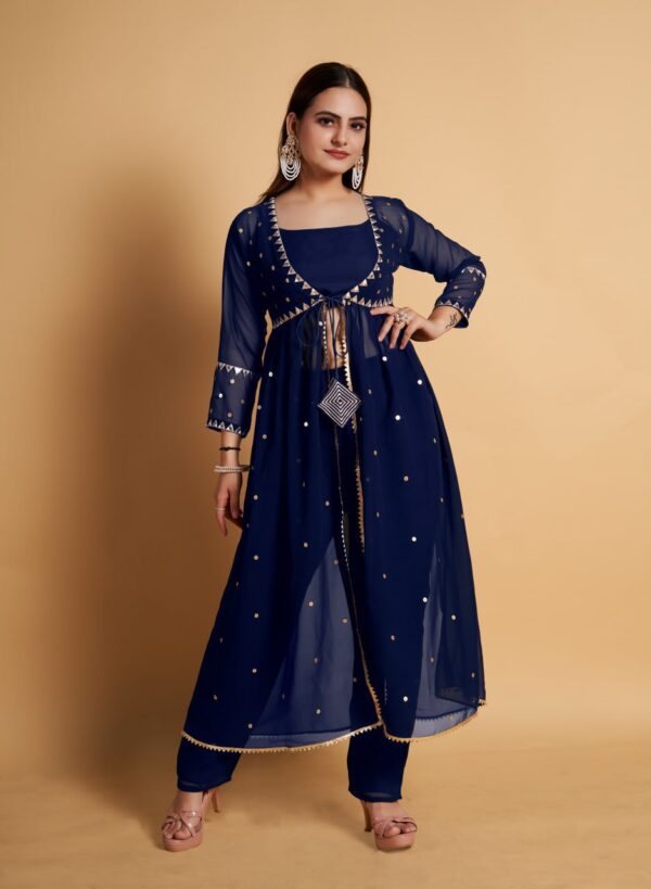 Blue Hand Embroidered Kurta & Palazzo With Dupatta - Image 3