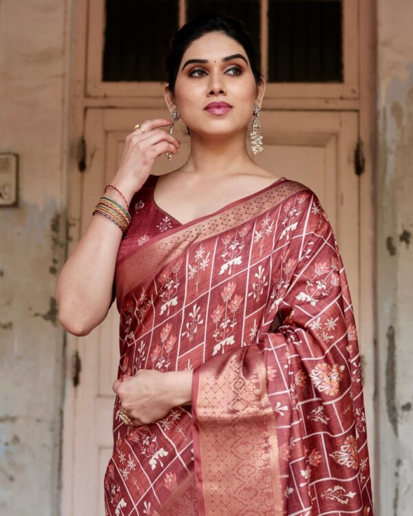 Marron Color Pure Silk Digital Printed Party Wear Saree - Image 7