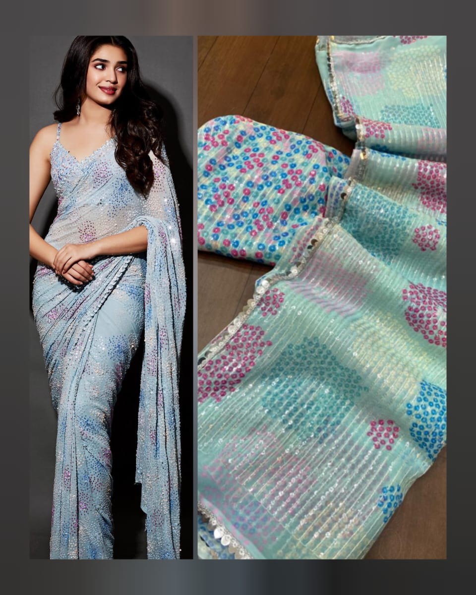 Sea Blue Color Georgette Party Wear Saree - Image 4