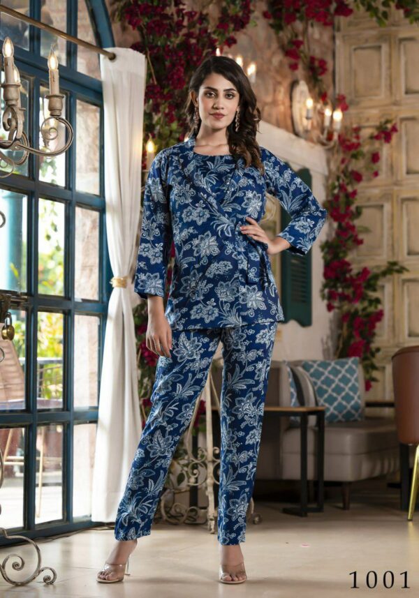 Digital Printed Satin Crop Top Set With Jacket in Navy Blue