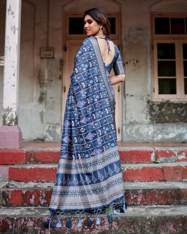 Navy Blue Color Pure Silk Digital Printed Party Wear Saree - Image 3