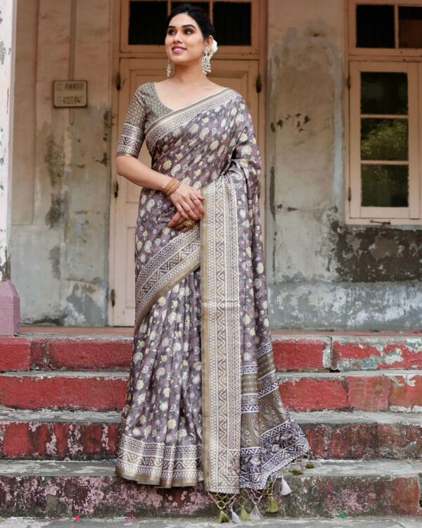 Mauve Taupe Pure Silk Digital Printed Saree - Image 4