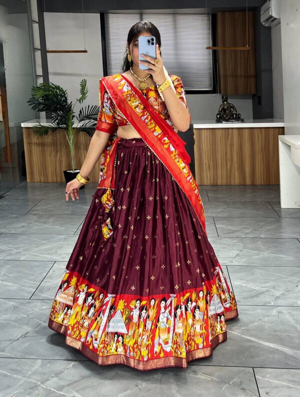 Gorgeous Wine Kalamkari Printed silk Festive Wear Lehenga Choli - Image 2