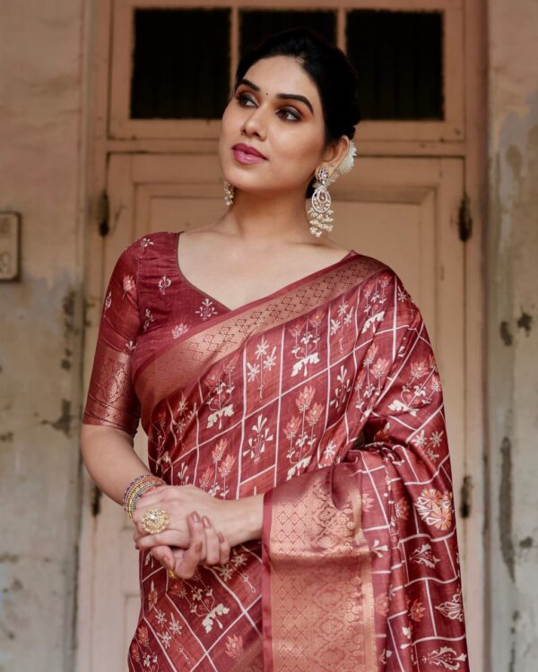 Marron Color Pure Silk Digital Printed Party Wear Saree - Image 5