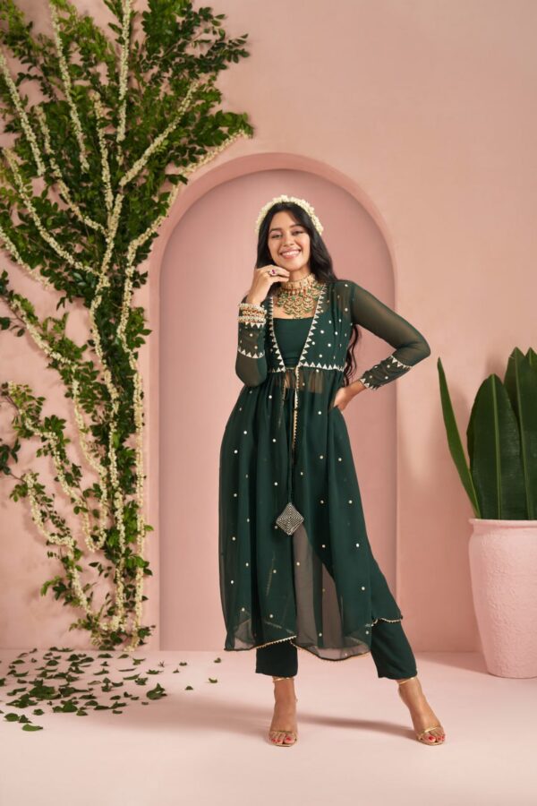 Emerald Green Hand Embroidered Kurta & Palazzo With Dupatta - Image 5