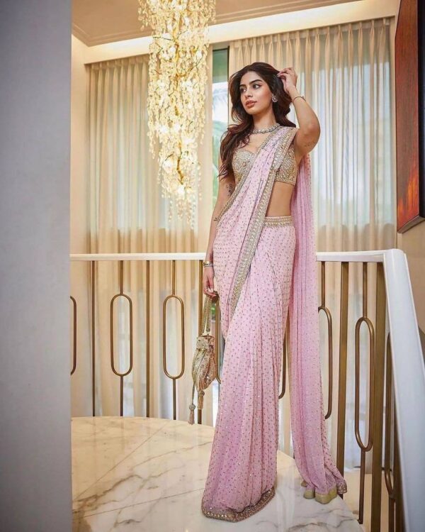 Khushi kapoor pink georgette sequence mirror work designer bollywood saree - Image 2