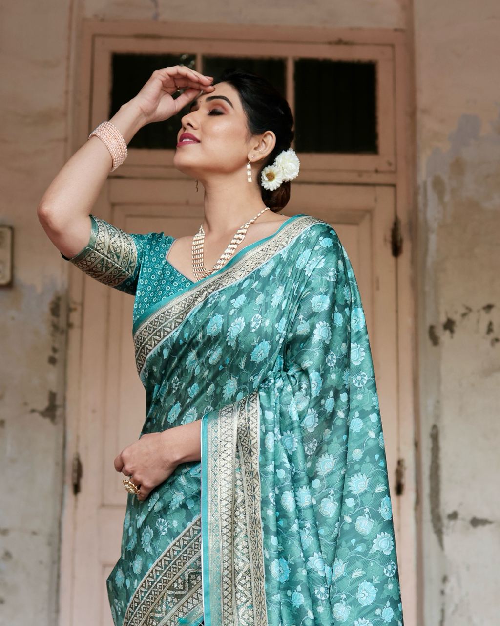 Pure Silk Saree With Digital Print and Blouse in Green Indian Silk Saree - Image 5