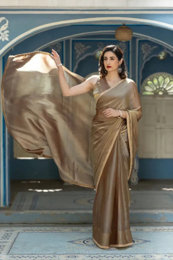 Coffee Saree in Pure Jimmy Silk With Lace Border Party Wear Saree in Coffee - Image 3