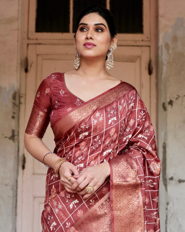 Marron Color Pure Silk Digital Printed Party Wear Saree - Image 8