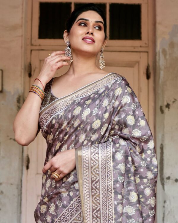 Mauve Taupe Pure Silk Digital Printed Saree - Image 10