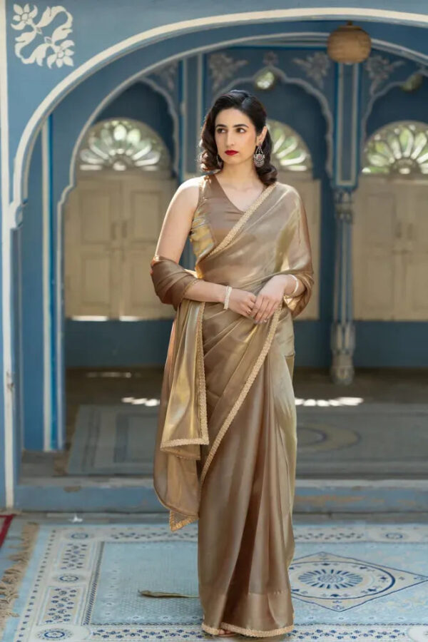 Coffee Saree in Pure Jimmy Silk With Lace Border Party Wear Saree in Coffee - Image 4