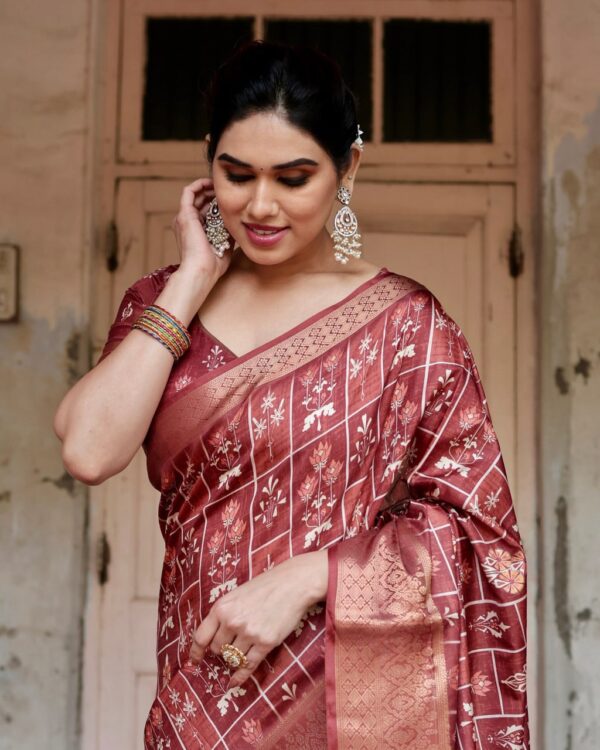 Marron Color Pure Silk Digital Printed Party Wear Saree - Image 3