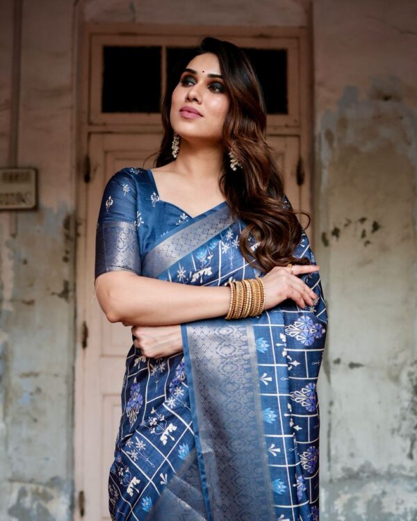 Navy Blue Color Pure Silk Digital Printed Party Wear Saree - Image 7