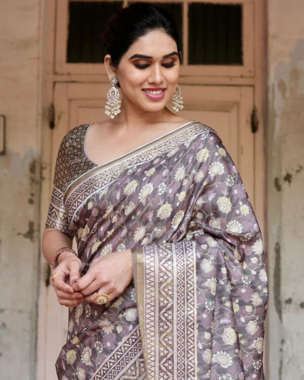 Mauve Taupe Pure Silk Digital Printed Saree - Image 7
