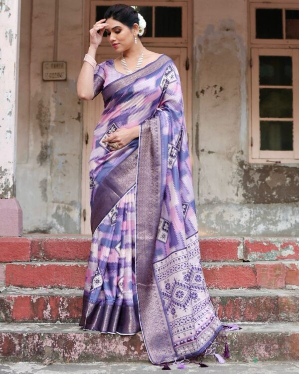 Lavender Peach Digital Print Dolla Silk Party Wear Ethnic Saree With Blouse - Image 9