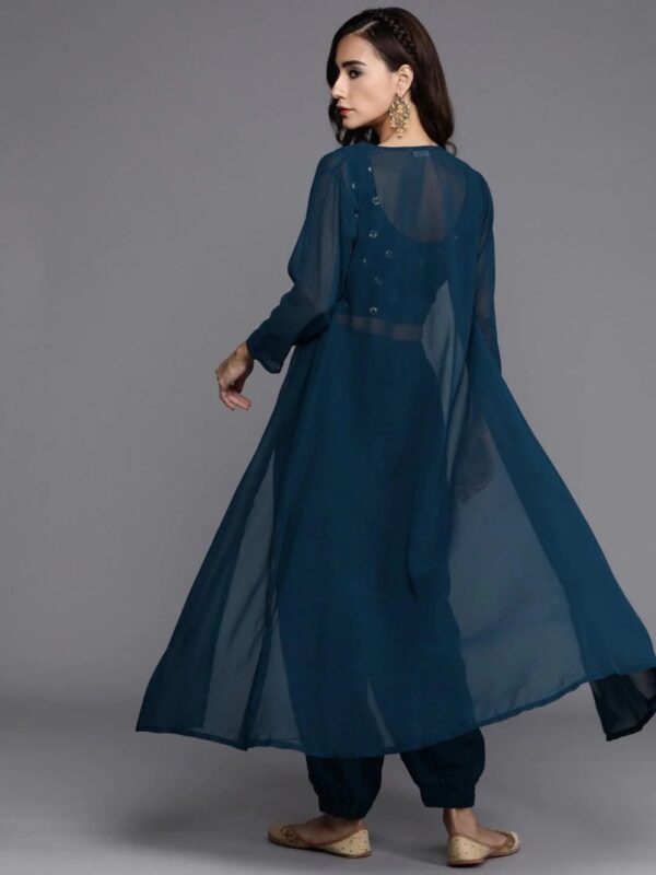 Blue Embroidered Georgette Straight Top With Salwar & Shrug - Image 3