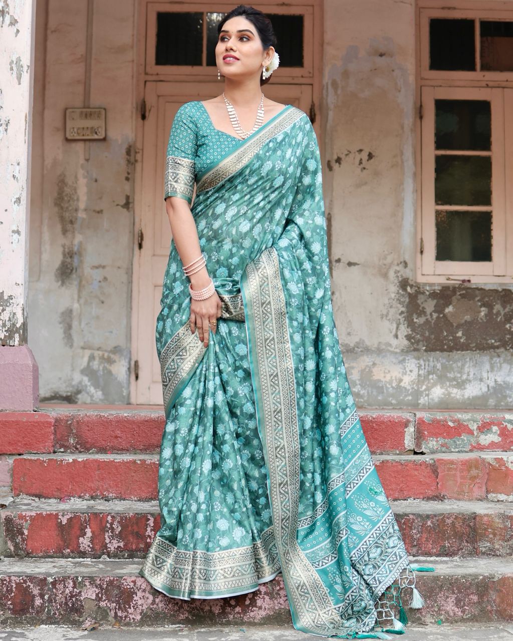 Pure Silk Saree With Digital Print and Blouse in Green Indian Silk Saree - Image 6