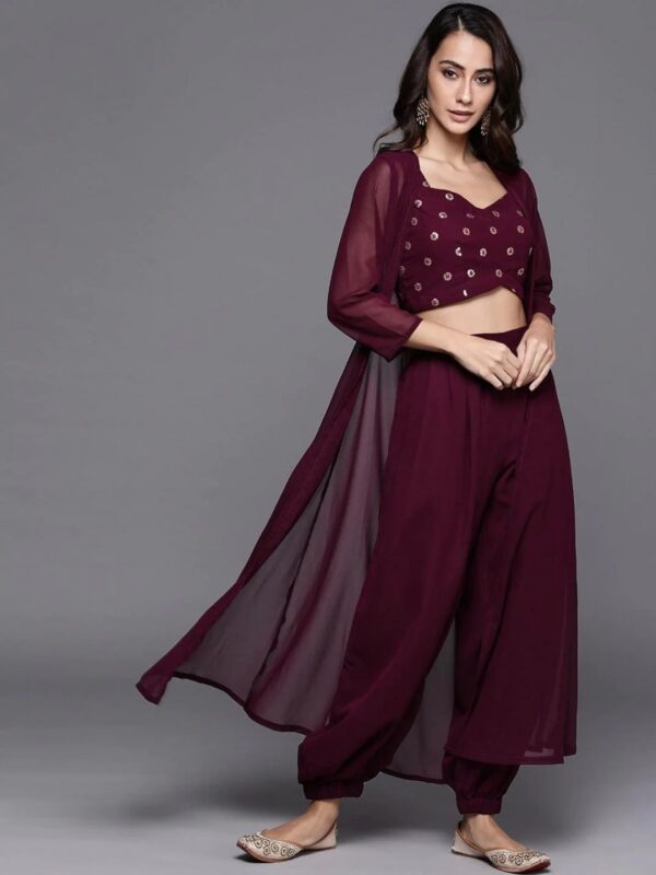 Maroon Embroidered Georgette Straight Top With Salwar & Shrug - Image 3
