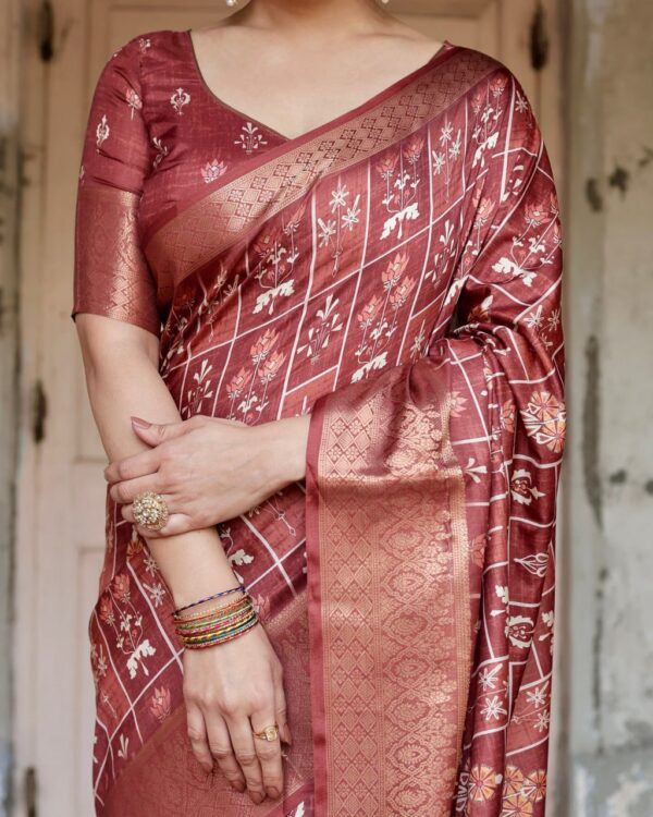 Marron Color Pure Silk Digital Printed Party Wear Saree - Image 2