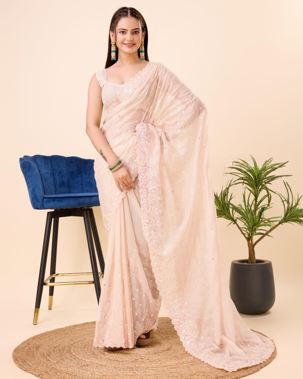 Beautiful Saree for wedding on premium Soft Taby Silk Organza fabric with C-pallu All Over Embroidery Work