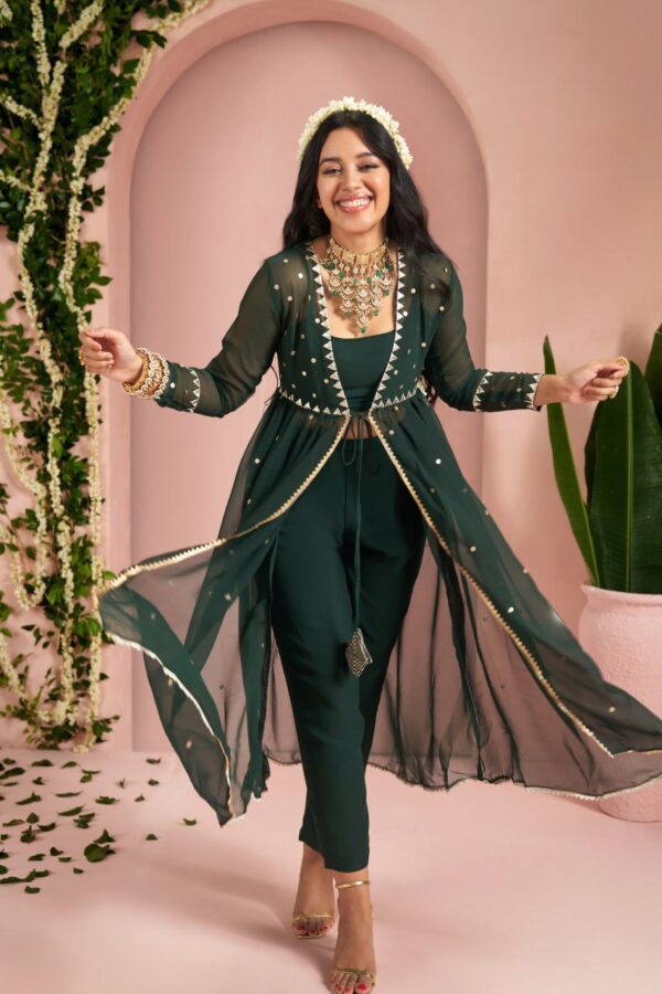 Emerald Green Hand Embroidered Kurta & Palazzo With Dupatta - Image 2