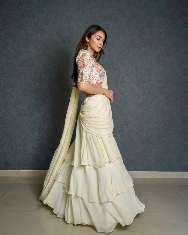 TRENDING DESIGNER LEHENGA-SAREE WITH PRINTED STITCHED BLOUSE & BELT - Image 5