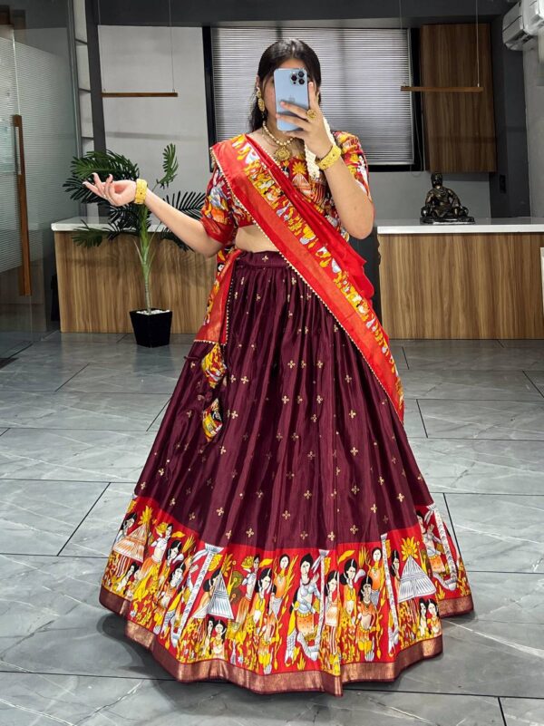 Gorgeous Wine Kalamkari Printed silk Festive Wear Lehenga Choli - Image 3