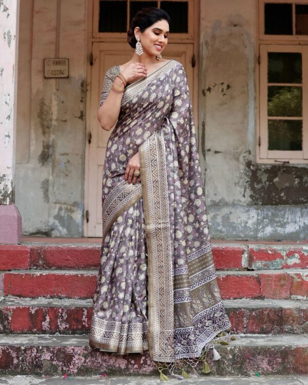 Mauve Taupe Pure Silk Digital Printed Saree - Image 5