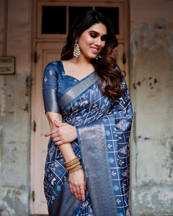 Navy Blue Color Pure Silk Digital Printed Party Wear Saree - Image 4