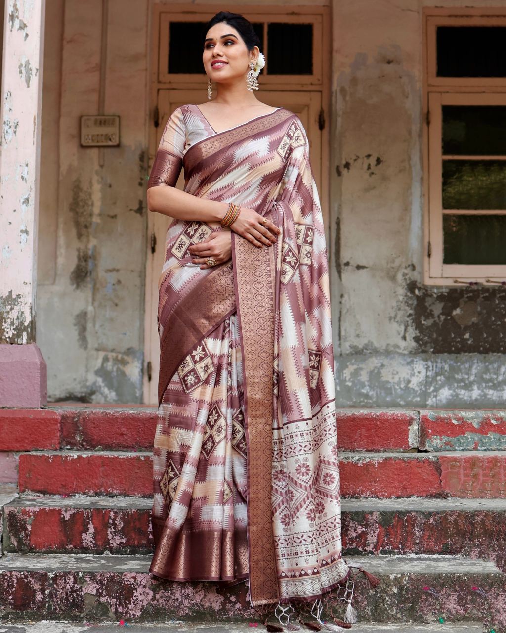 Brown Green Digital Print Dolla Silk Party Wear Ethnic Saree With Blouse