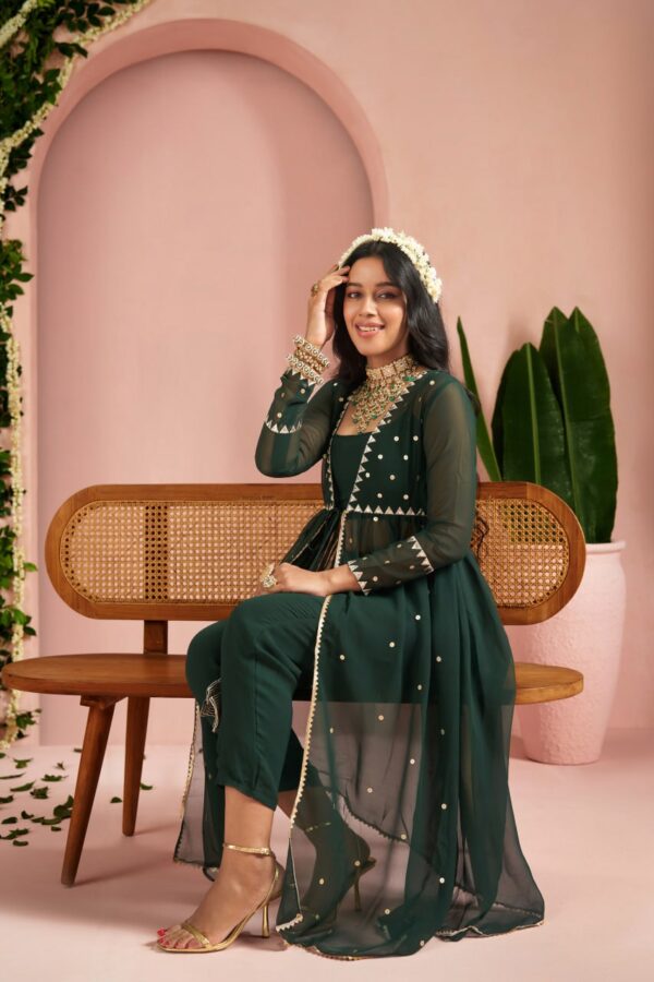 Emerald Green Hand Embroidered Kurta & Palazzo With Dupatta - Image 4