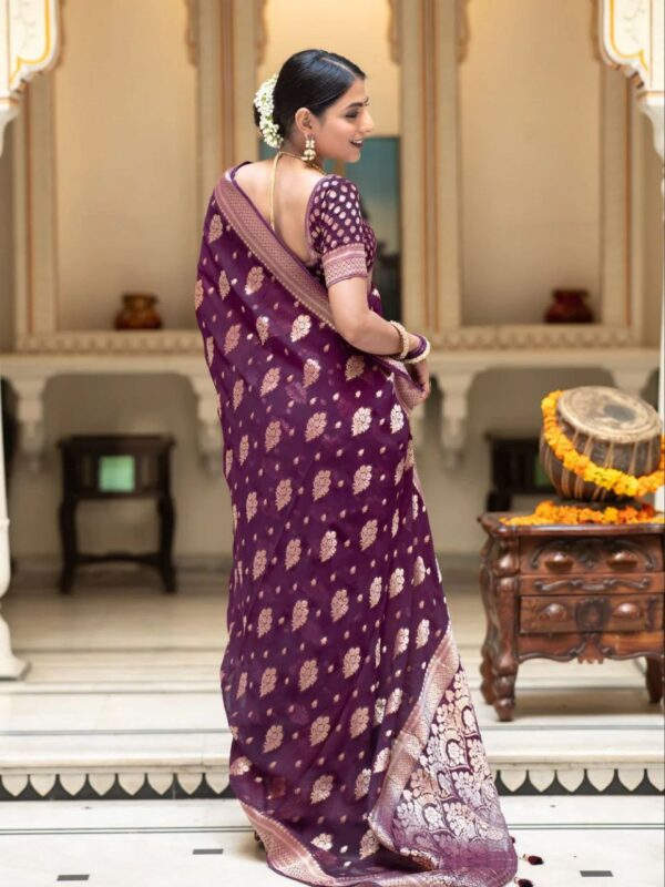 Plum Wine Banarasi Khaddi Weaved Georgette Saree - Image 2