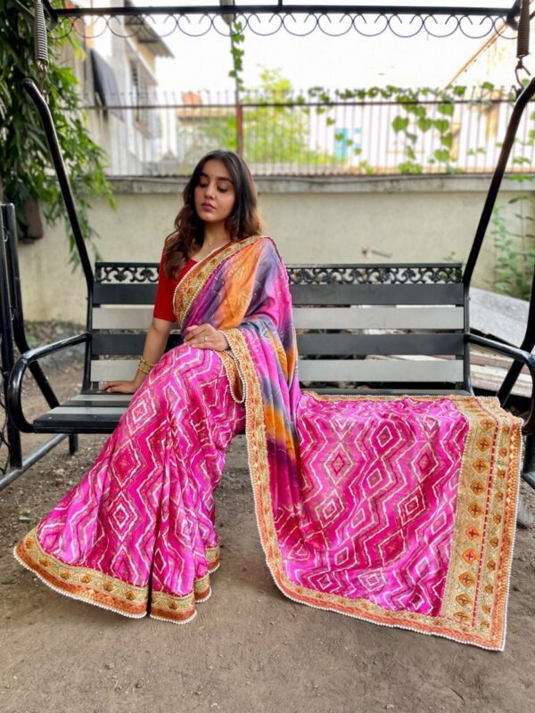 Rani pink color dola silk saree with printed and sequence work