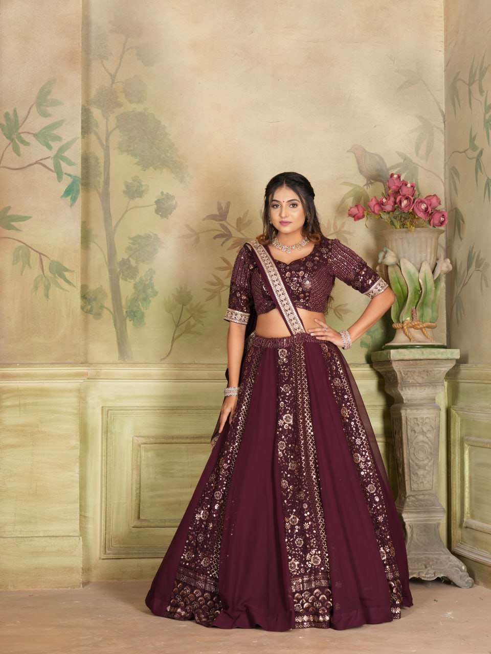 Eilara Women’s Wine Georgette With Sequins And Embroidery Work Designer Lehenga Choli