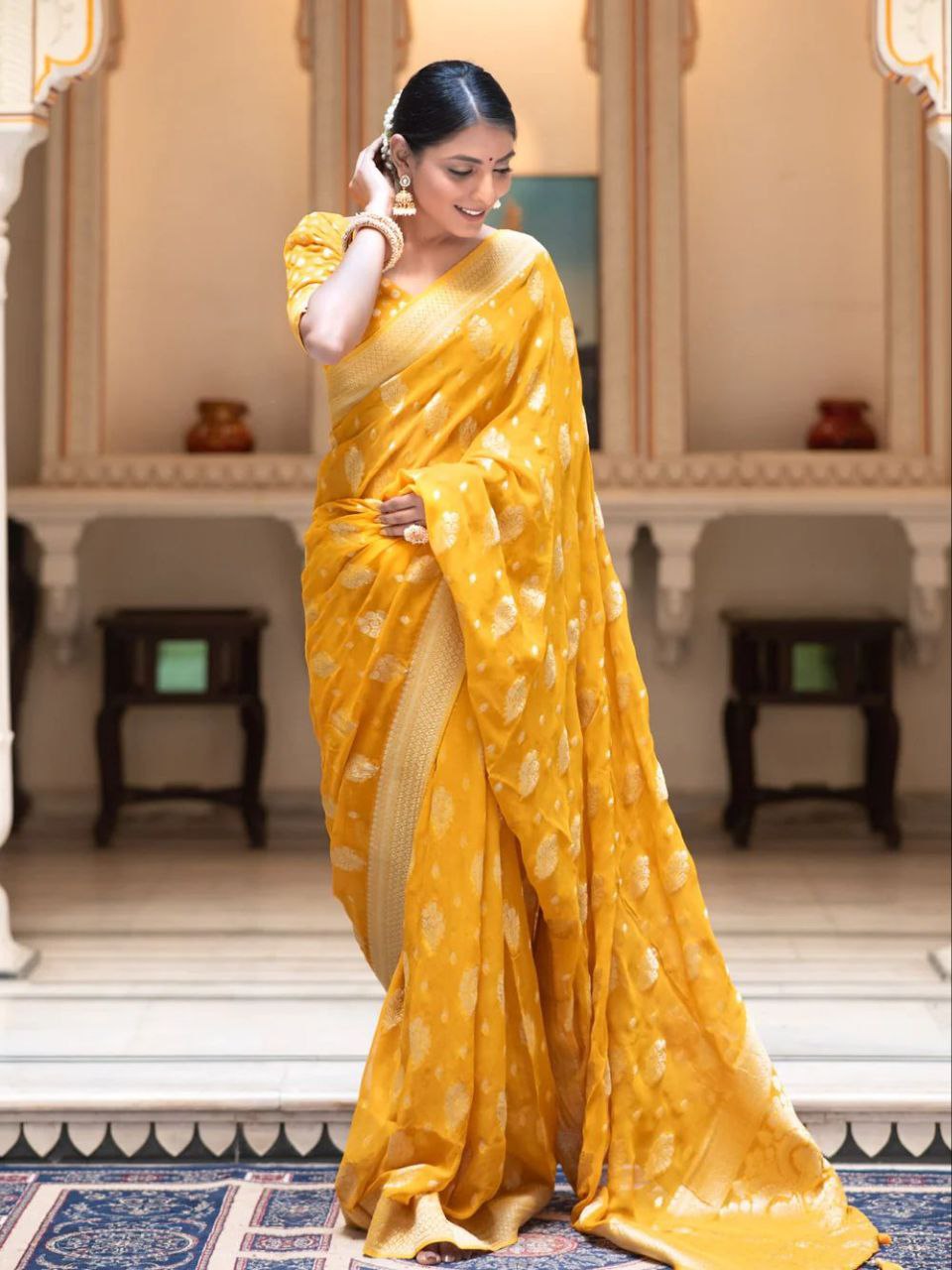 Scarlet Yellow Banarasi Khaddi Weaved Georgette Saree - Image 2