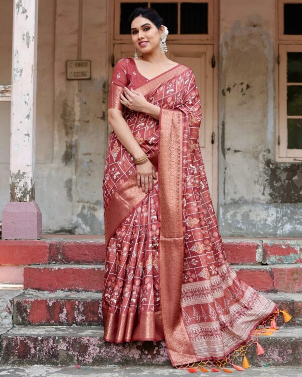 Marron Color Pure Silk Digital Printed Party Wear Saree - Image 10