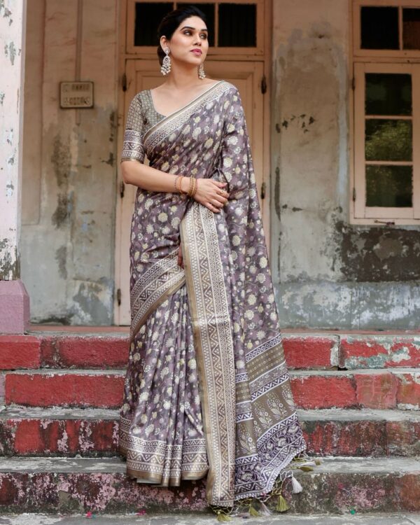 Mauve Taupe Pure Silk Digital Printed Saree - Image 9