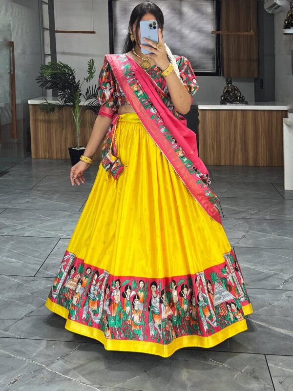 Gorgeous Yellow Kalamkari Printed silk Festive Wear Lehenga Choli - Image 2