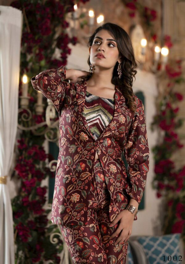 Digital Printed Satin Crop Top Set With Jacket in Navy Blue