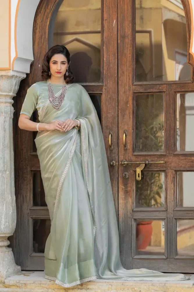 Sky Color Saree in Pure Jimmy Silk With Lace Border Party Wear Saree in Sky