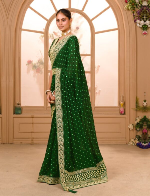 GREEN COLOUR ZARI SEQUENCE WORK DESIGNER SAREE WITH BLOUSE - Image 3