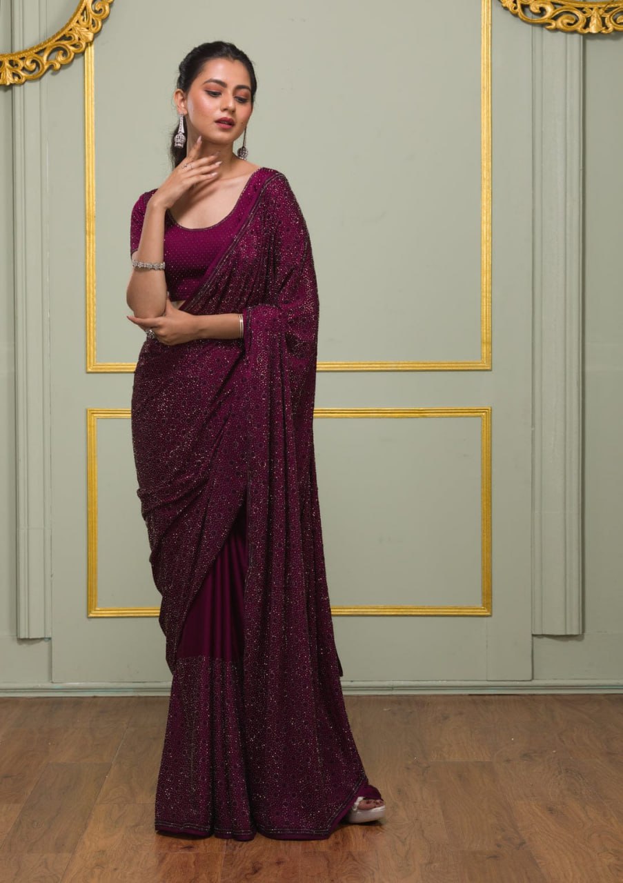 Wine Swarovski Semi Crepe Designer Saree