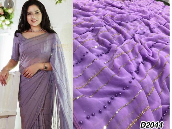 Lavender Color Beautiful Georgette Saree, Embroidery Work Saree, Party Wear saree, Wedding Wear Saree, Bold And Beautiful Saree Blouse - Image 2