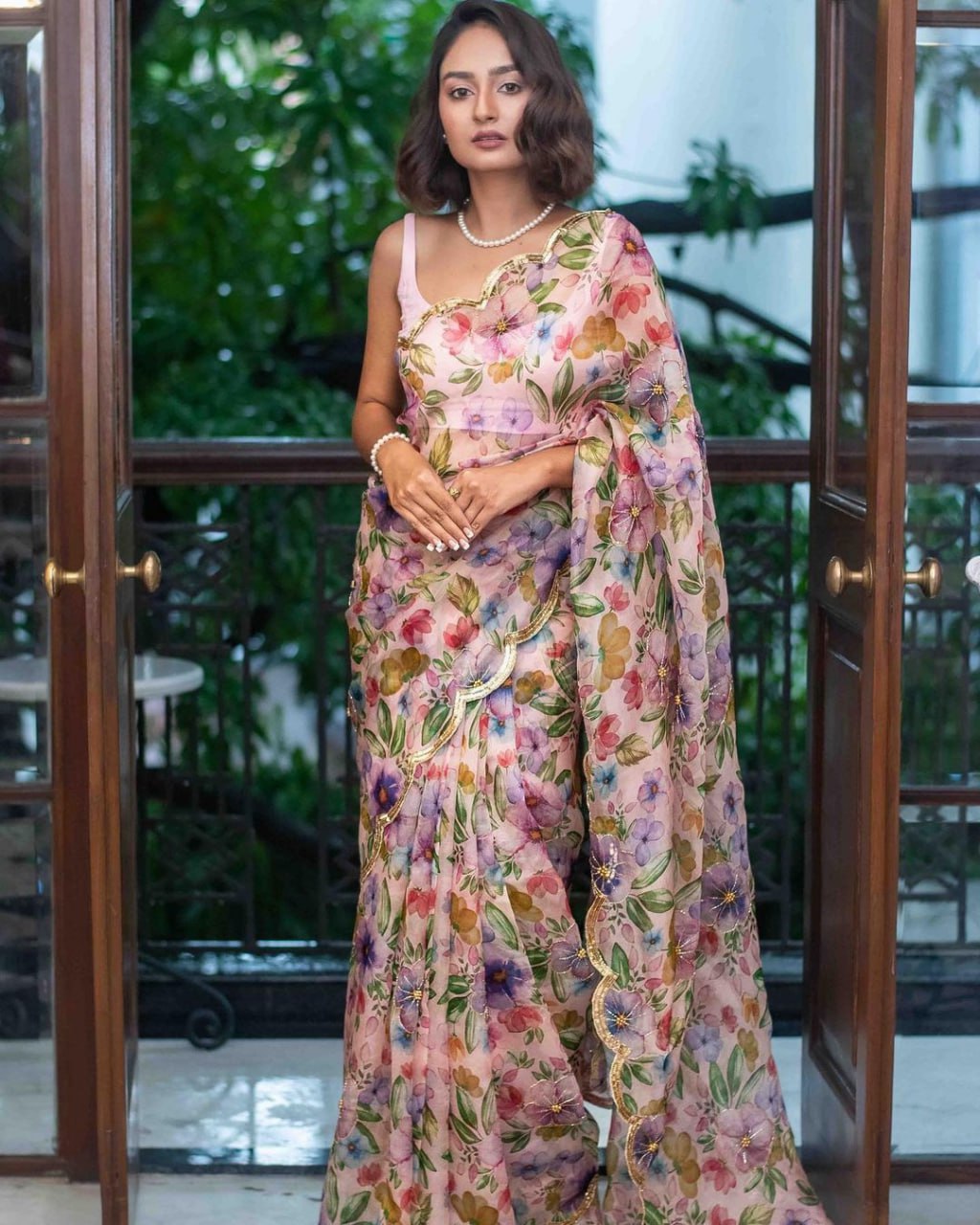 Pink Hand-embroidered Organza Silk Saree