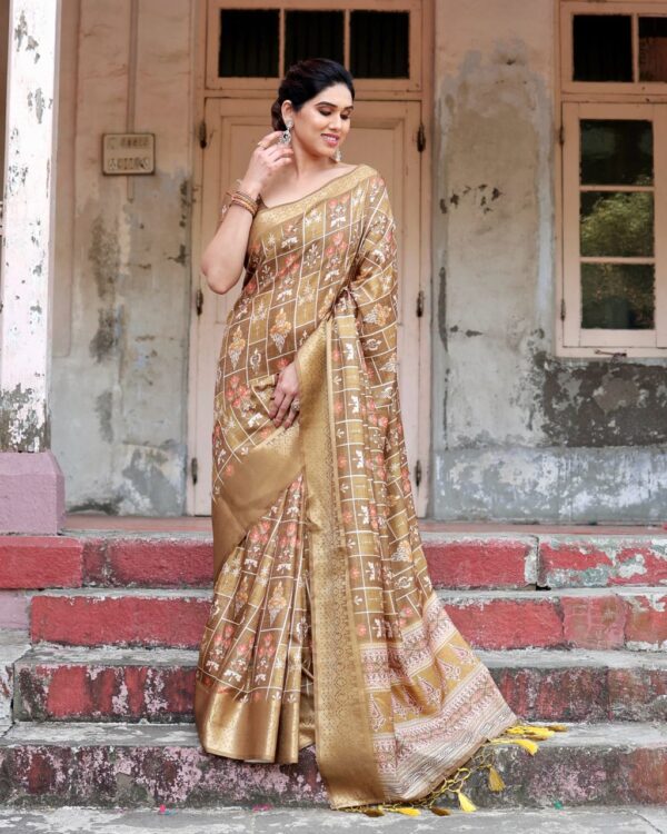 Golden Pure Silk Digitally Digital Printed Party Wear Saree - Image 4